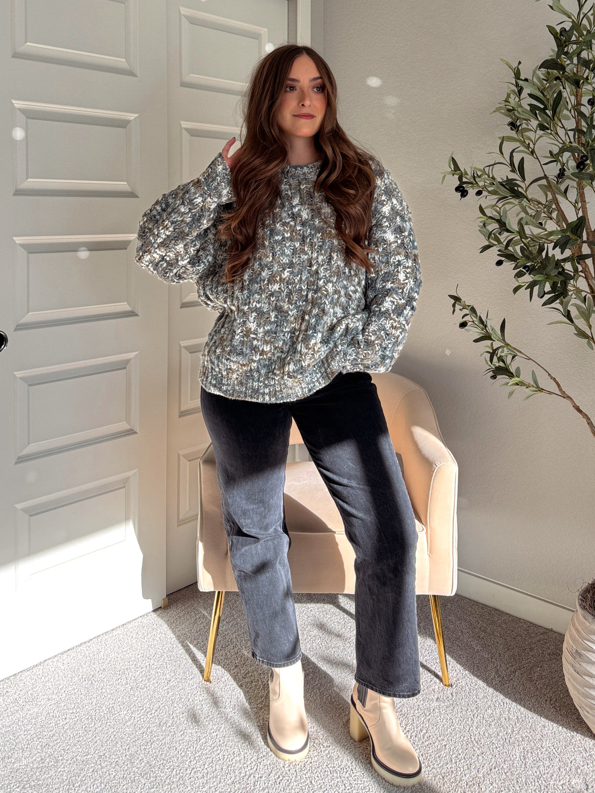 Frosted Pines Crew Neck Chunky Knit Sweater (Blue/Multi)