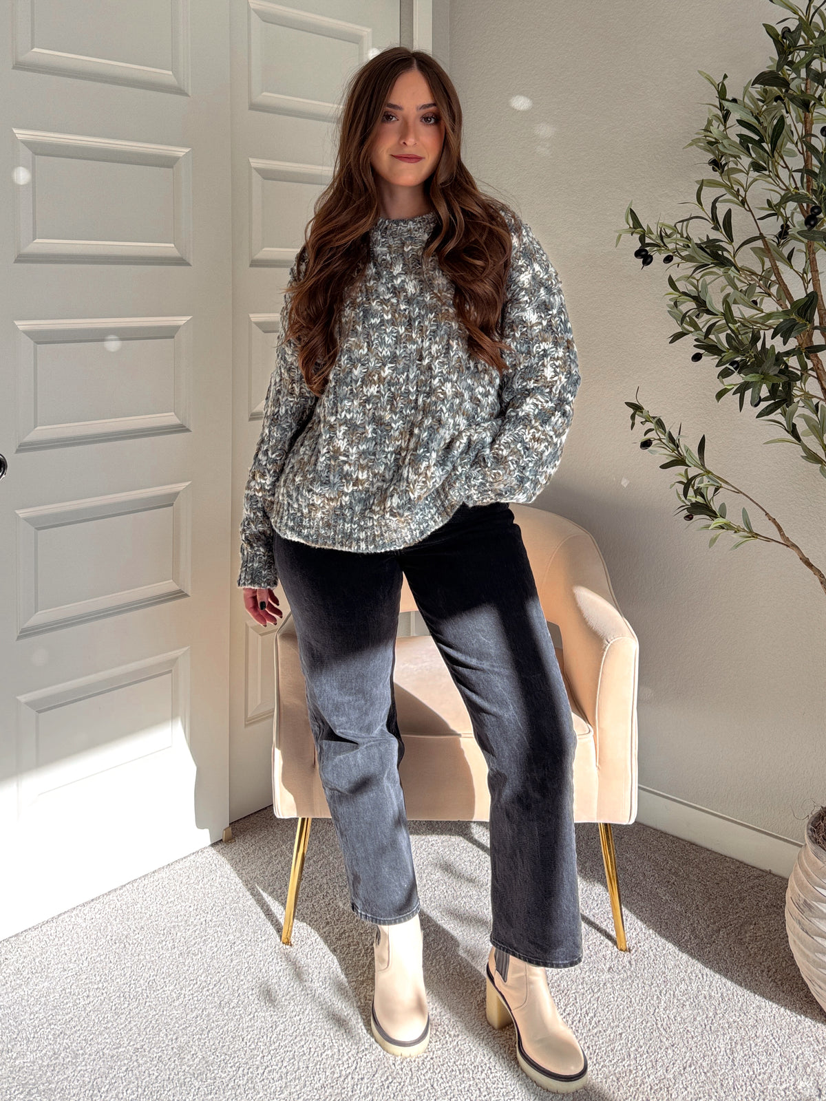 Frosted Pines Crew Neck Chunky Knit Sweater (Blue/Multi)