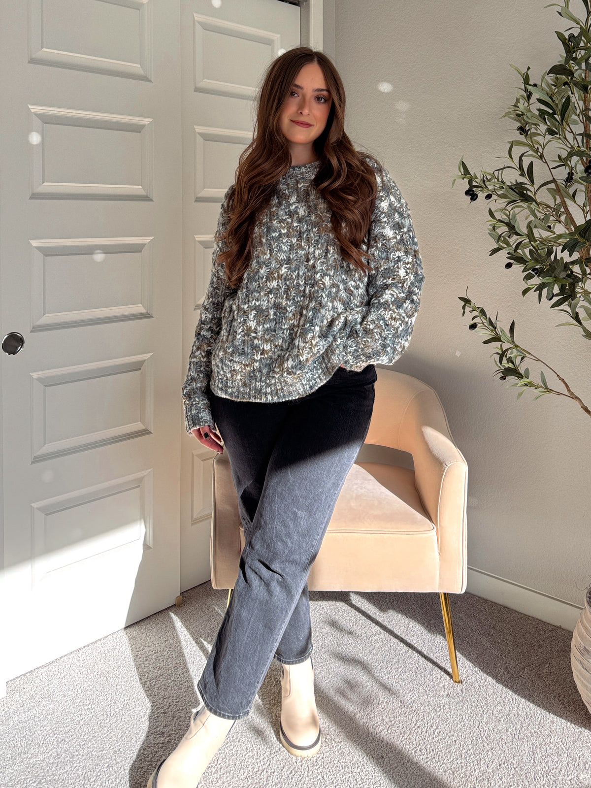 Frosted Pines Crew Neck Chunky Knit Sweater (Blue/Multi)