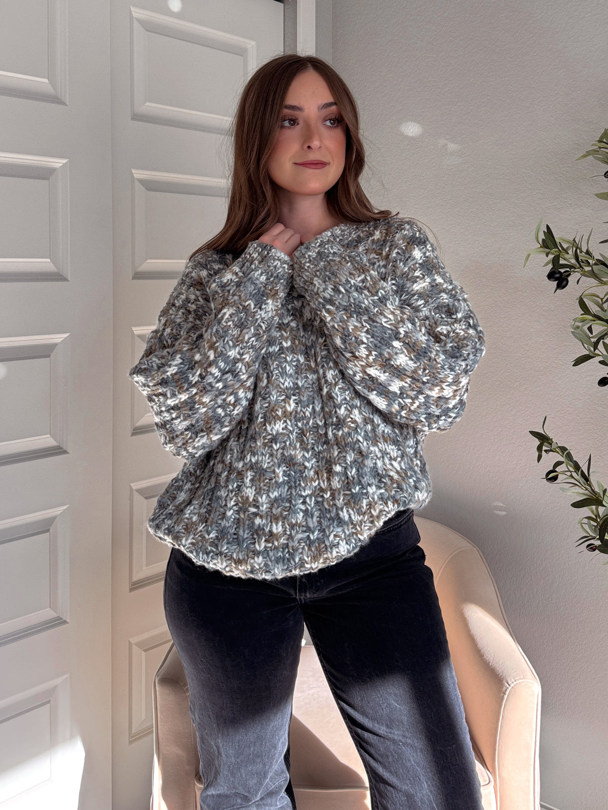 Frosted Pines Crew Neck Chunky Knit Sweater (Blue/Multi)