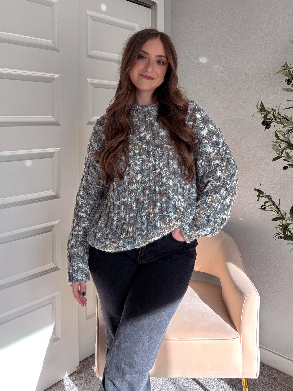 Frosted Pines Crew Neck Chunky Knit Sweater (Blue/Multi)