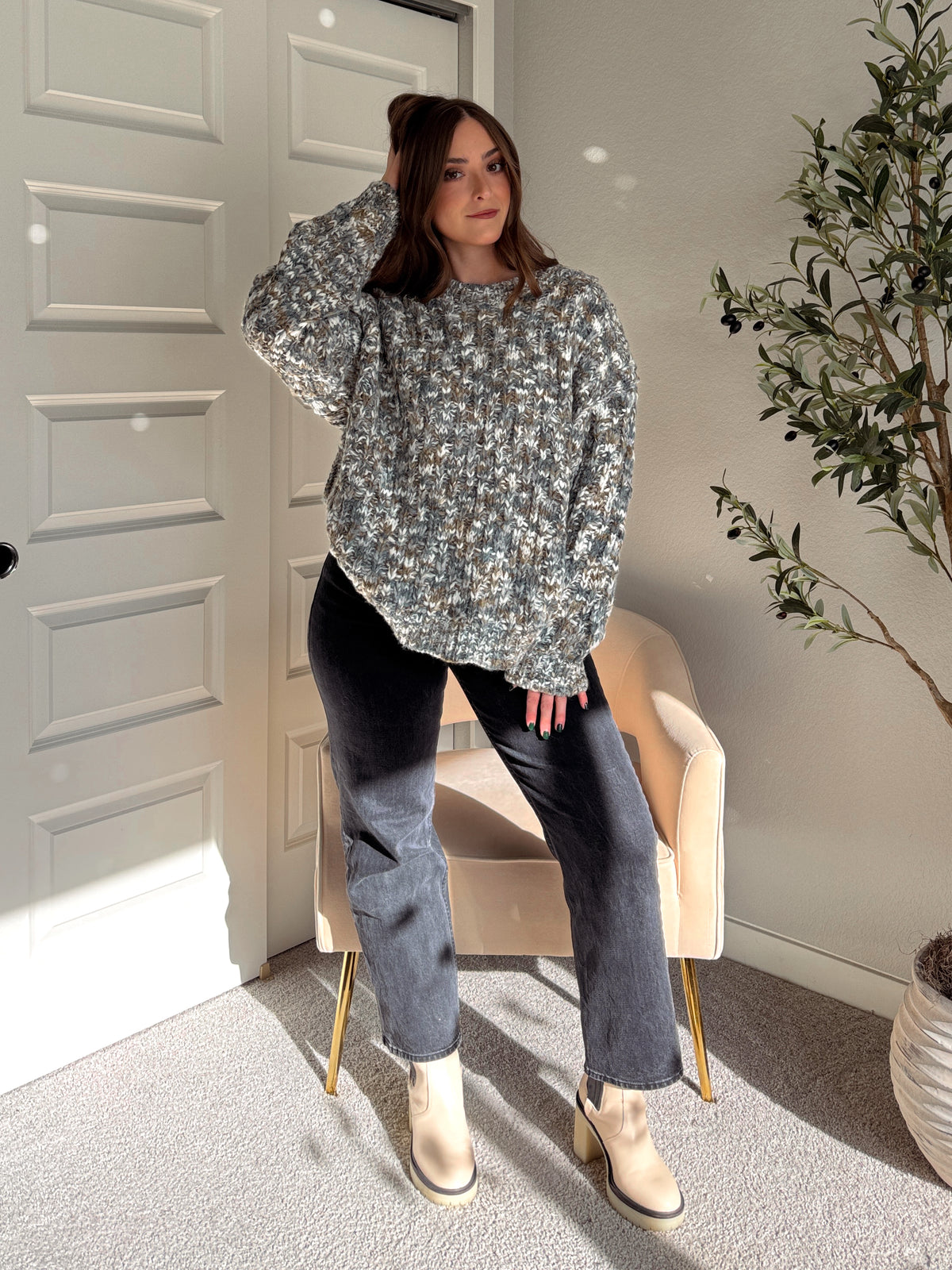 Frosted Pines Crew Neck Chunky Knit Sweater (Blue/Multi)