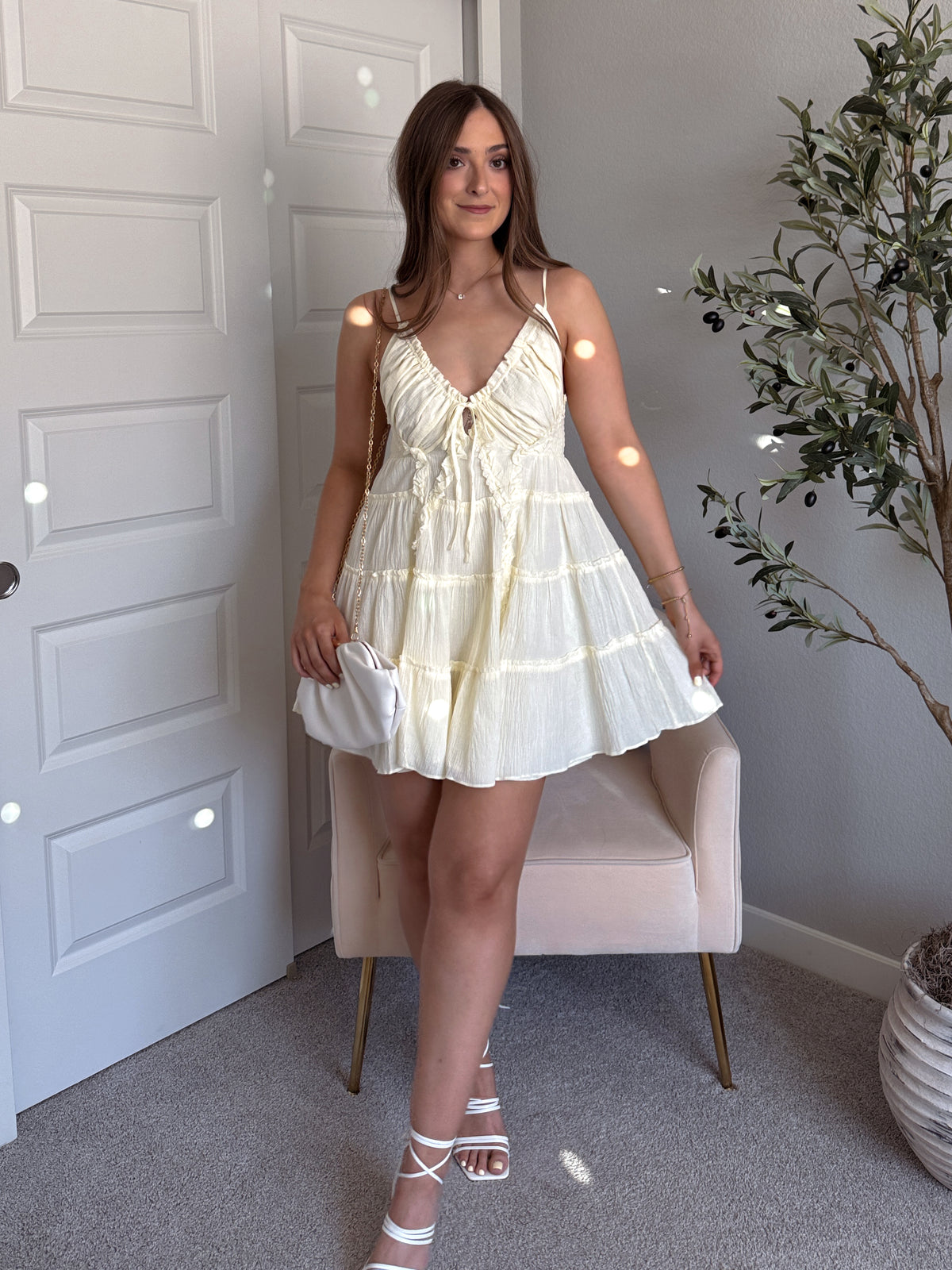 Giselle Cotton Tie Front Tiered Mini Dress (Buttercream)