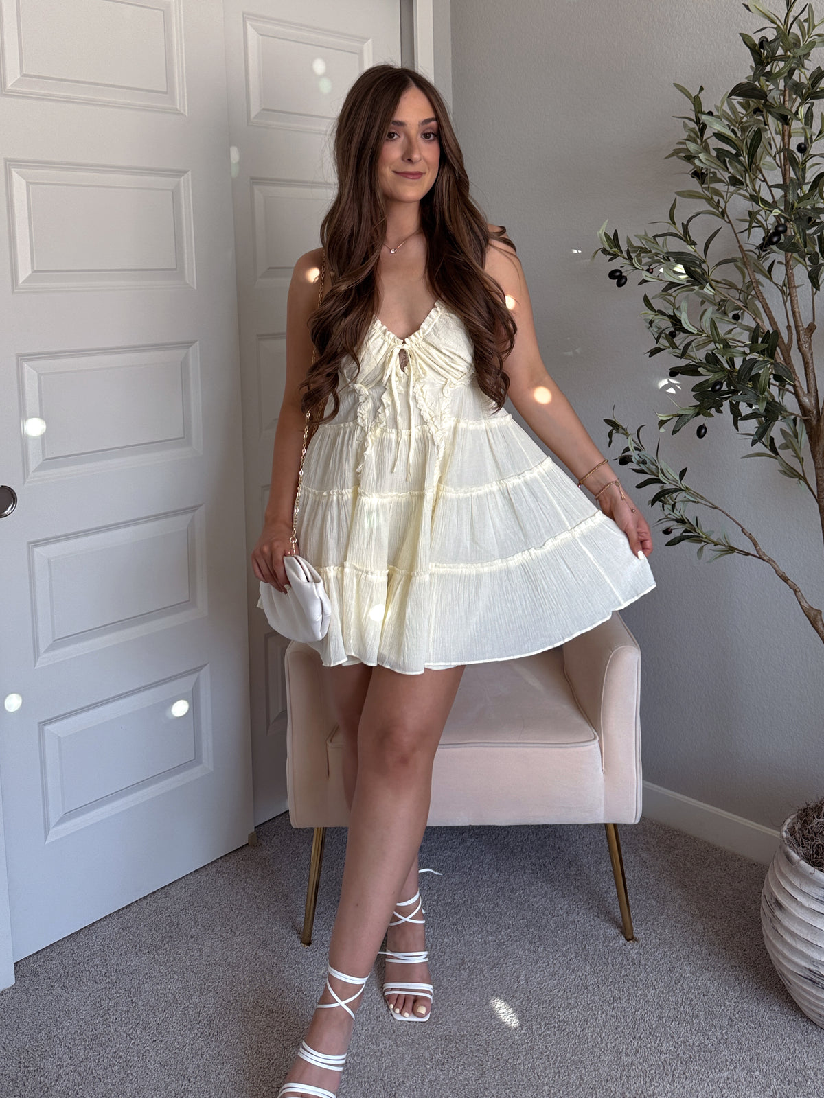 Giselle Cotton Tie Front Tiered Mini Dress (Buttercream)