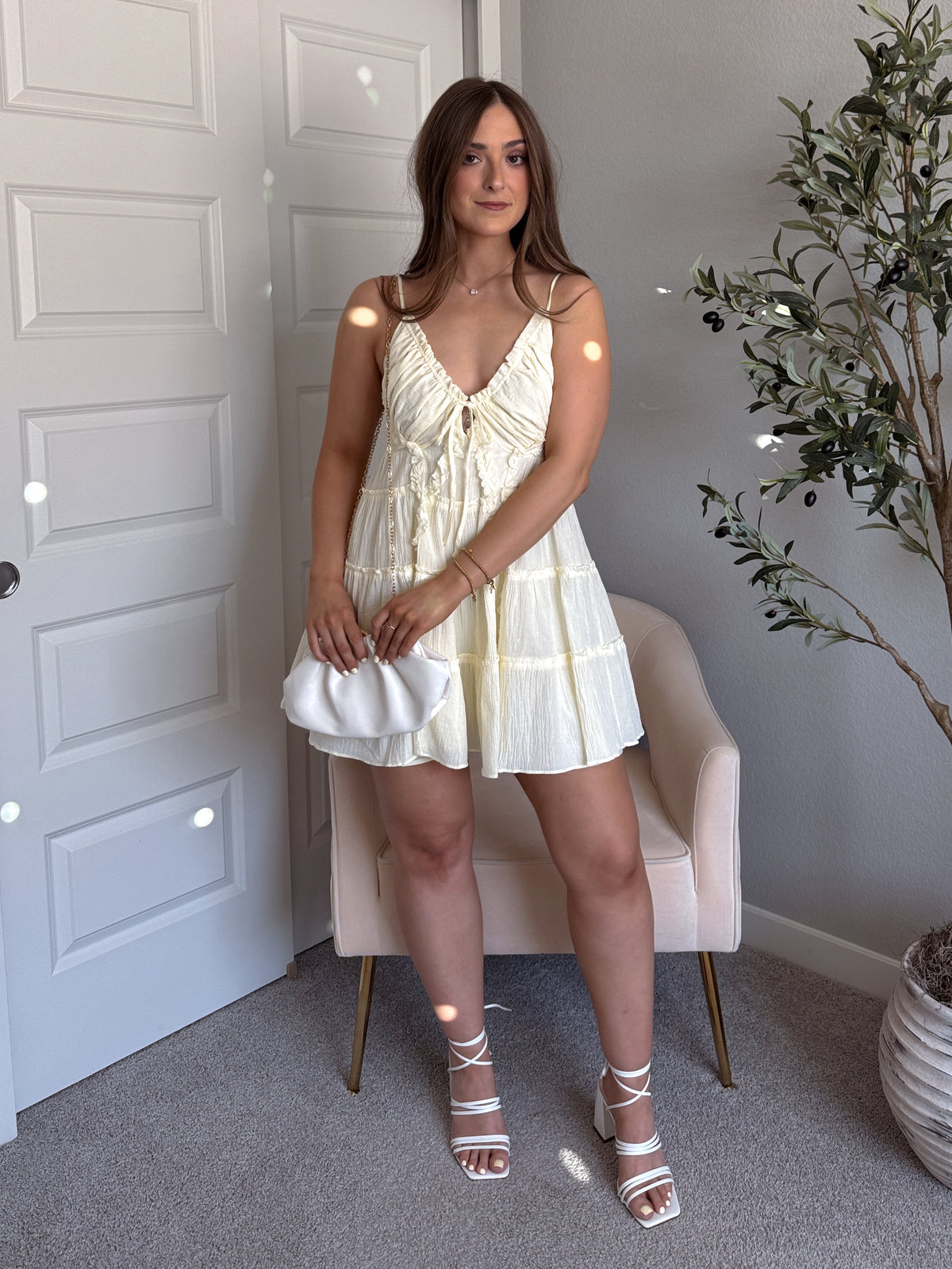 Giselle Cotton Tie Front Tiered Mini Dress (Buttercream)
