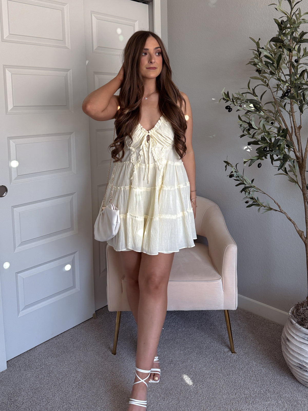 Giselle Cotton Tie Front Tiered Mini Dress (Buttercream)