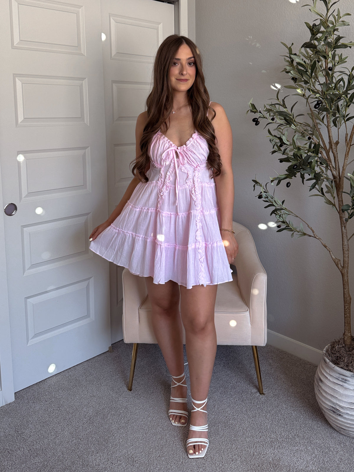 Giselle Cotton Tie Front Tiered Mini Dress (Water Pink)