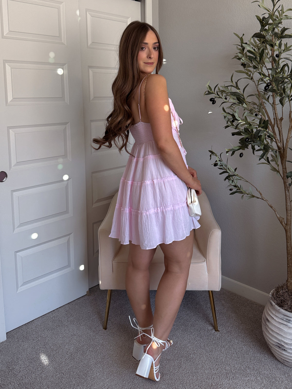 Giselle Cotton Tie Front Tiered Mini Dress (Water Pink)