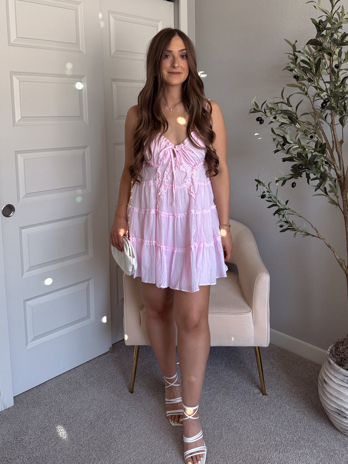 Giselle Cotton Tie Front Tiered Mini Dress (Water Pink)
