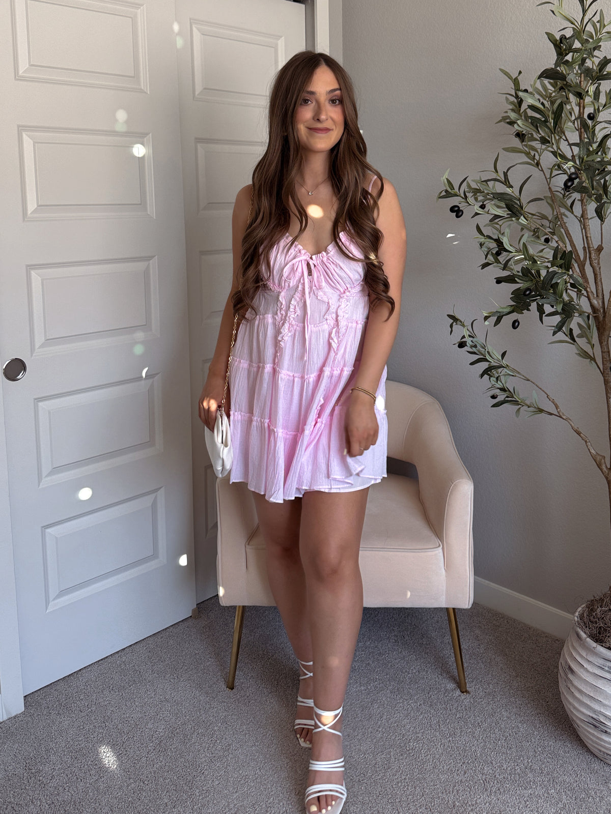 Giselle Cotton Tie Front Tiered Mini Dress (Water Pink)