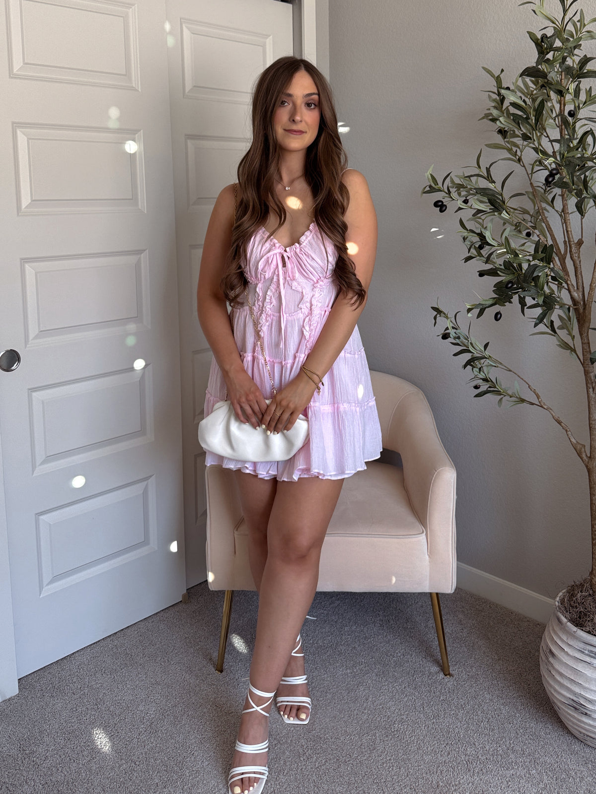 Giselle Cotton Tie Front Tiered Mini Dress (Water Pink)