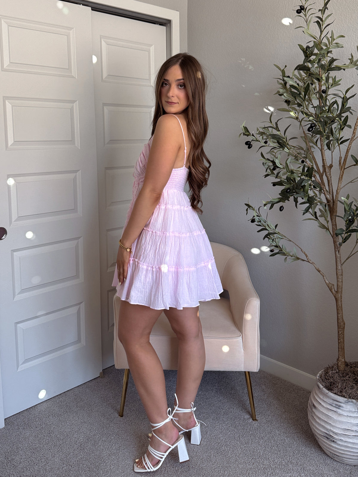 Giselle Cotton Tie Front Tiered Mini Dress (Water Pink)