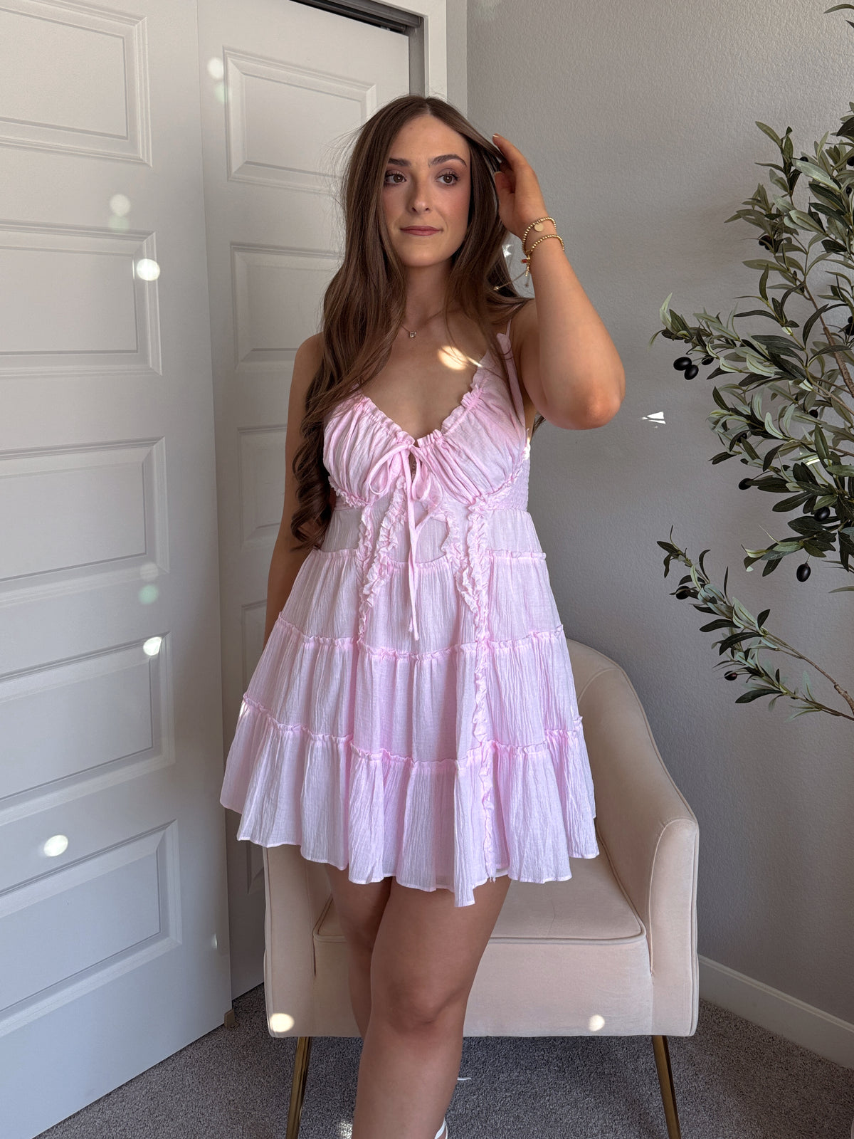 Giselle Cotton Tie Front Tiered Mini Dress (Water Pink)