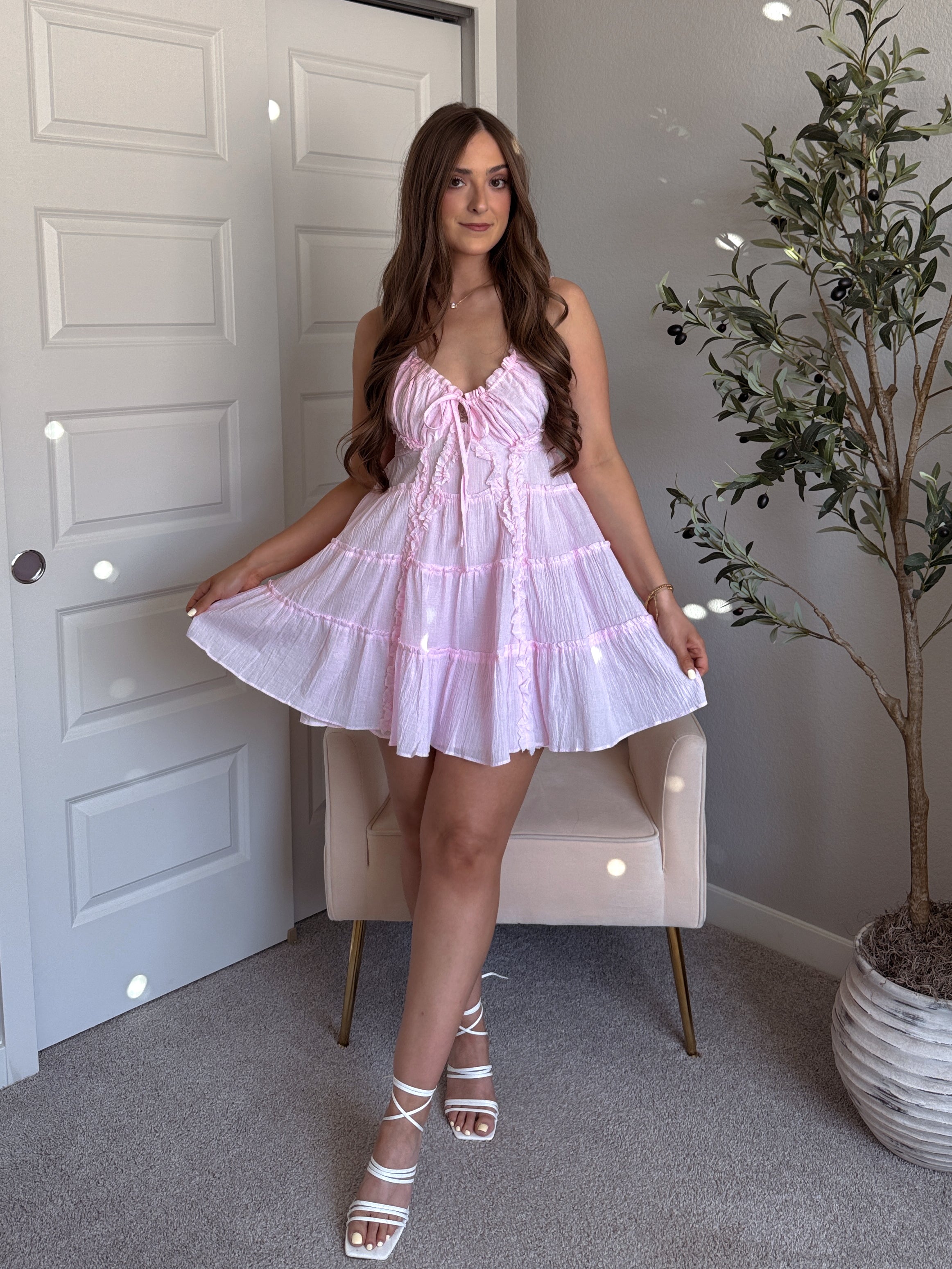 Giselle Cotton Tie Front Tiered Mini Dress (Water Pink) – La Belle