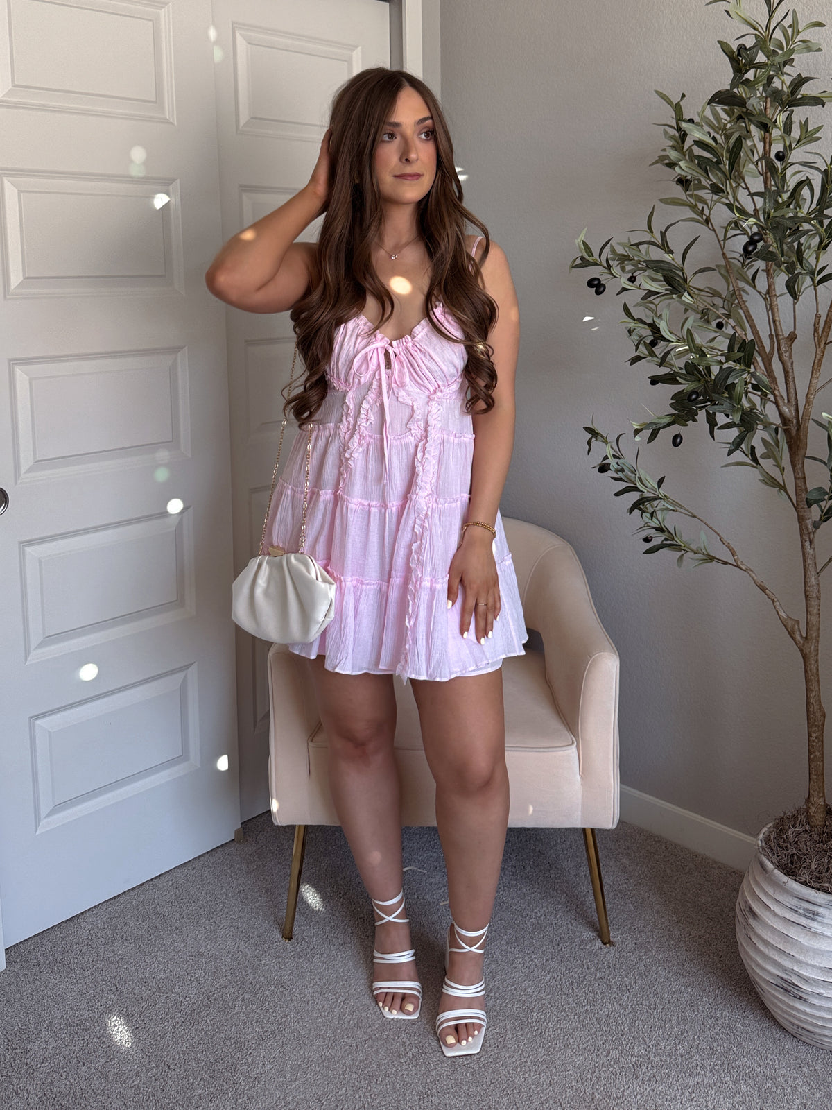 Giselle Cotton Tie Front Tiered Mini Dress (Water Pink)