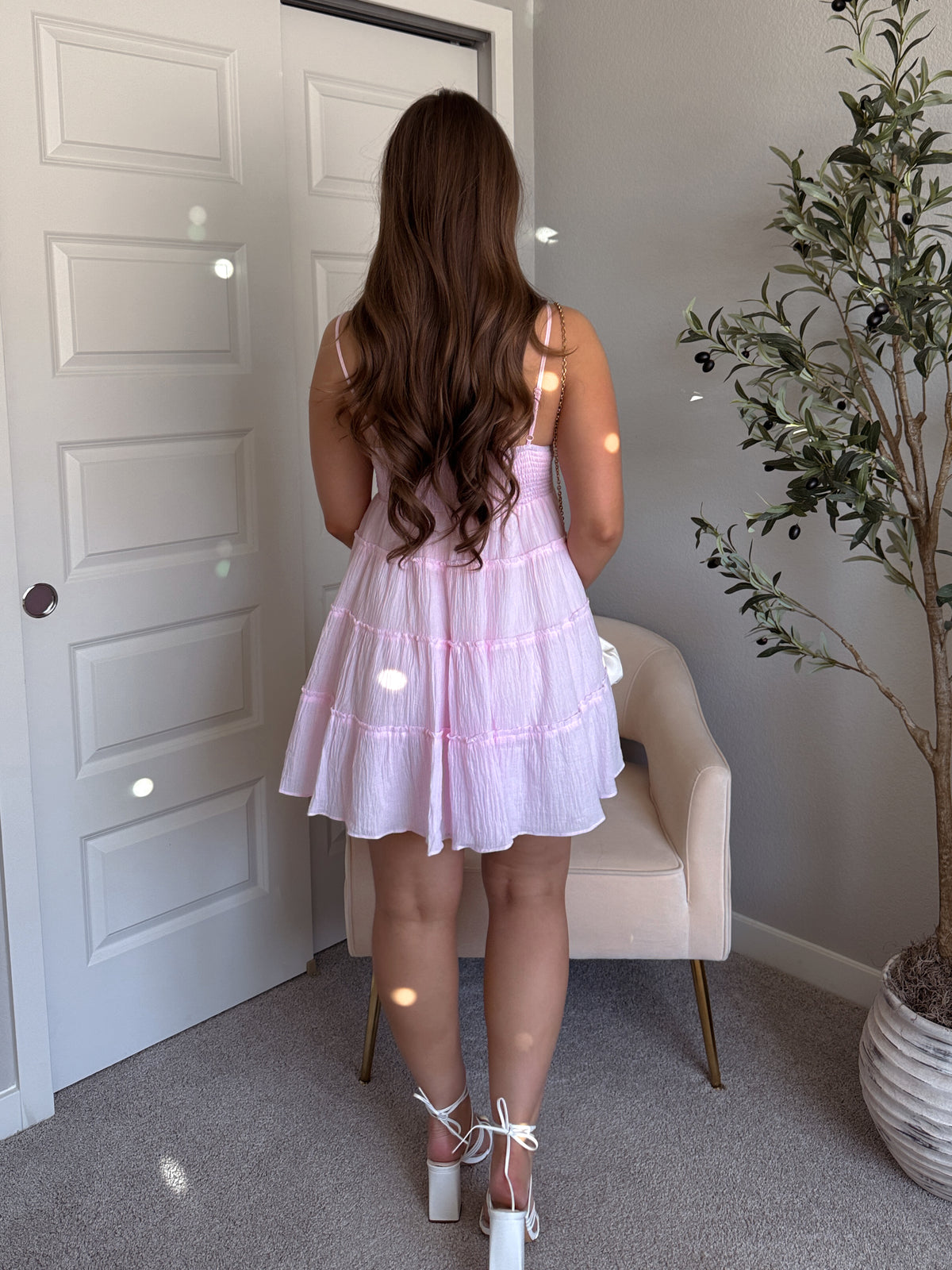 Giselle Cotton Tie Front Tiered Mini Dress (Water Pink)