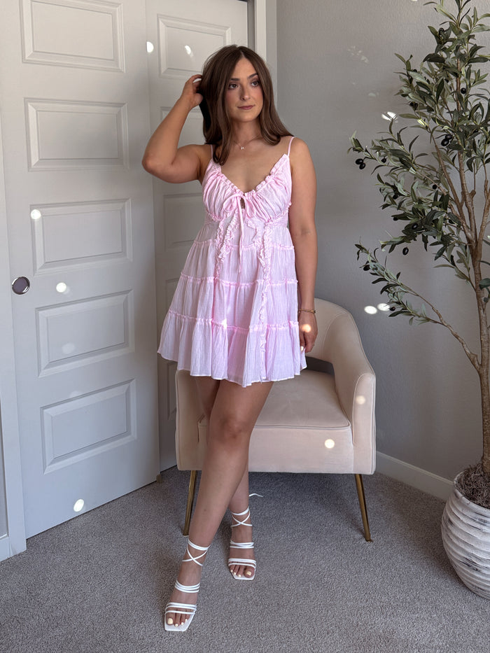 Giselle Cotton Tie Front Tiered Mini Dress (Water Pink)