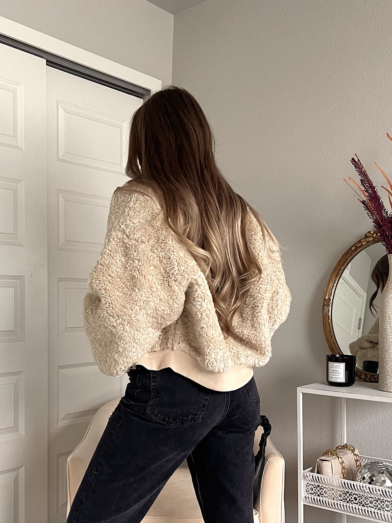 Goldie Faux Fur Bomber Jacket (Latte)