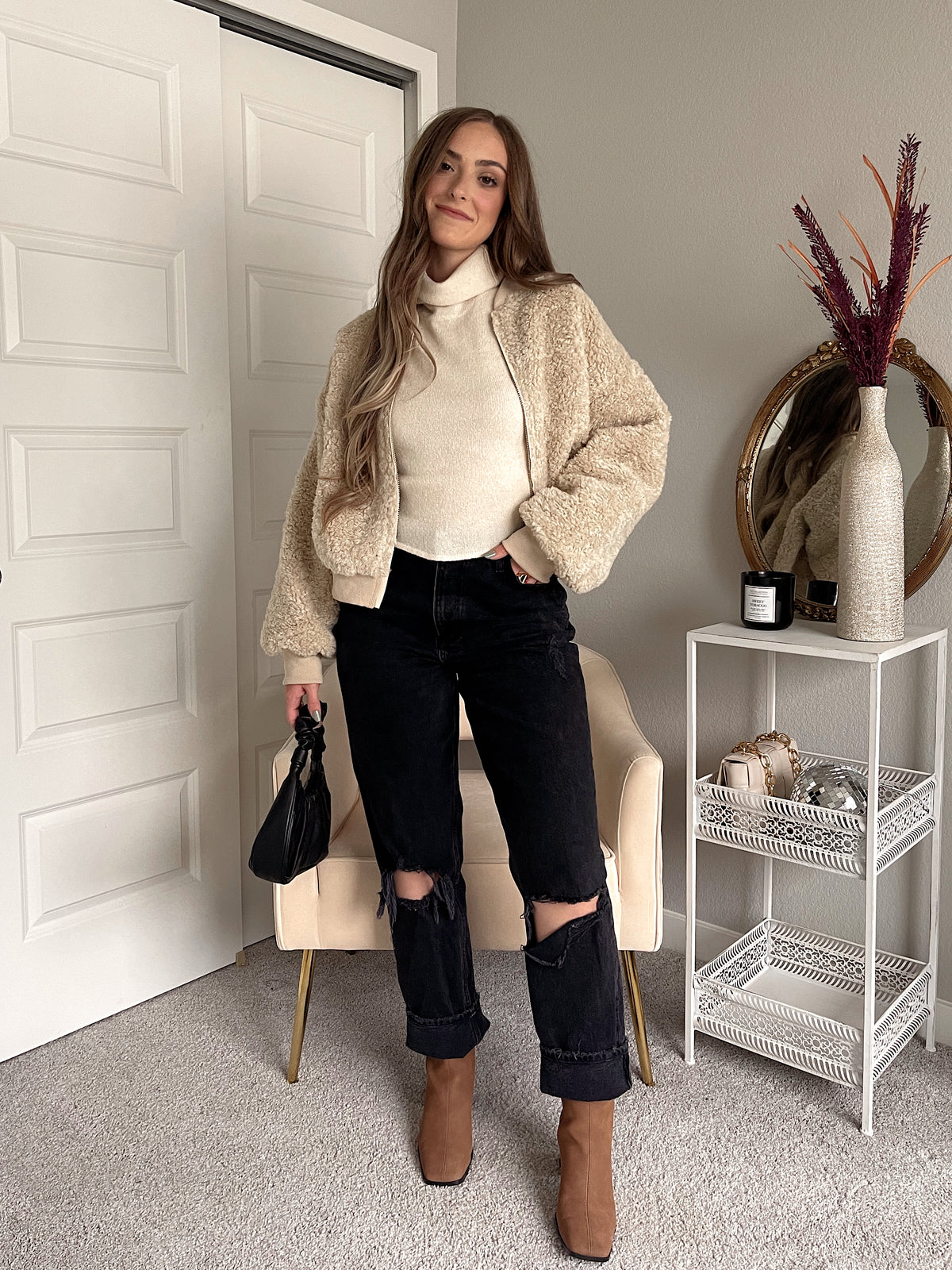 Goldie Faux Fur Bomber Jacket (Latte)