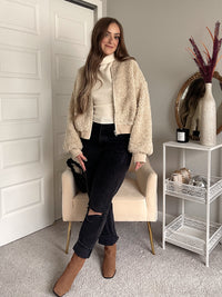 Goldie Faux Fur Bomber Jacket (Latte)