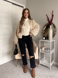 Goldie Faux Fur Bomber Jacket (Latte)