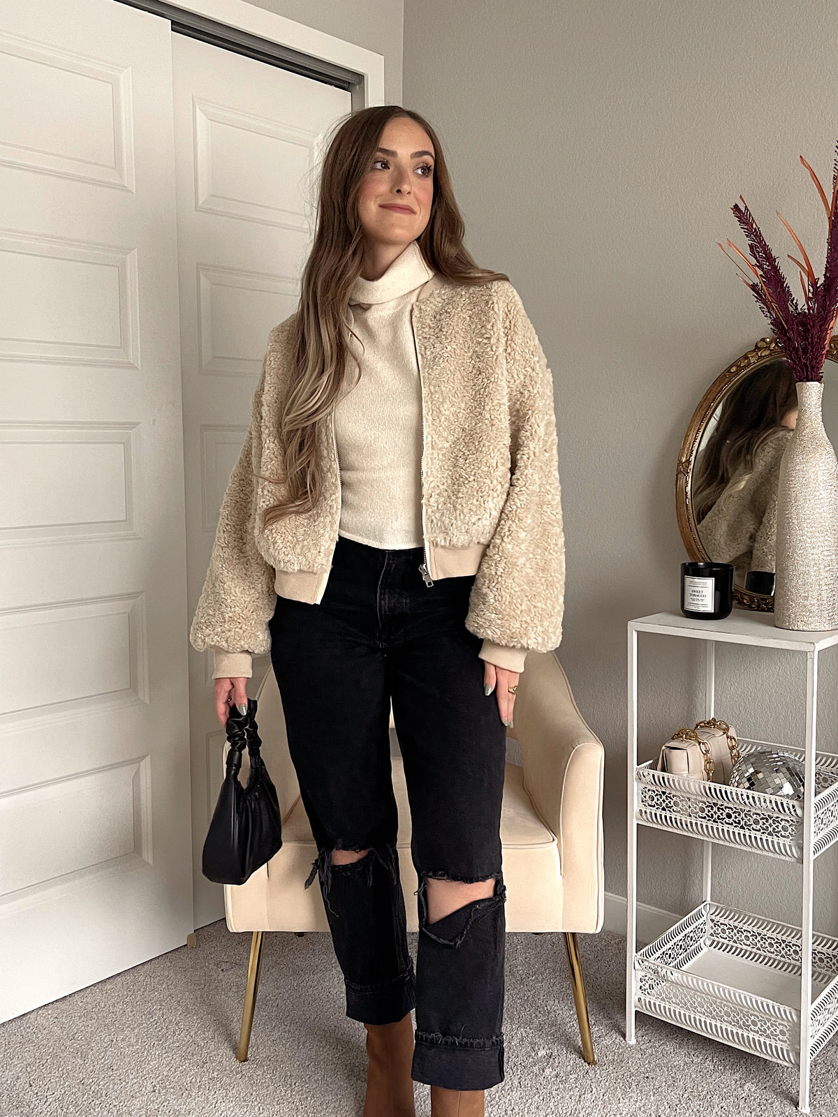 Goldie Faux Fur Bomber Jacket (Latte)