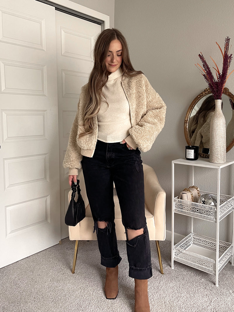 Goldie Faux Fur Bomber Jacket (Latte)