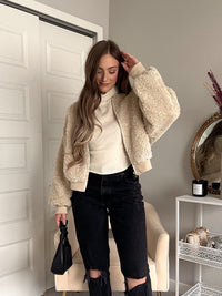 Goldie Faux Fur Bomber Jacket (Latte)