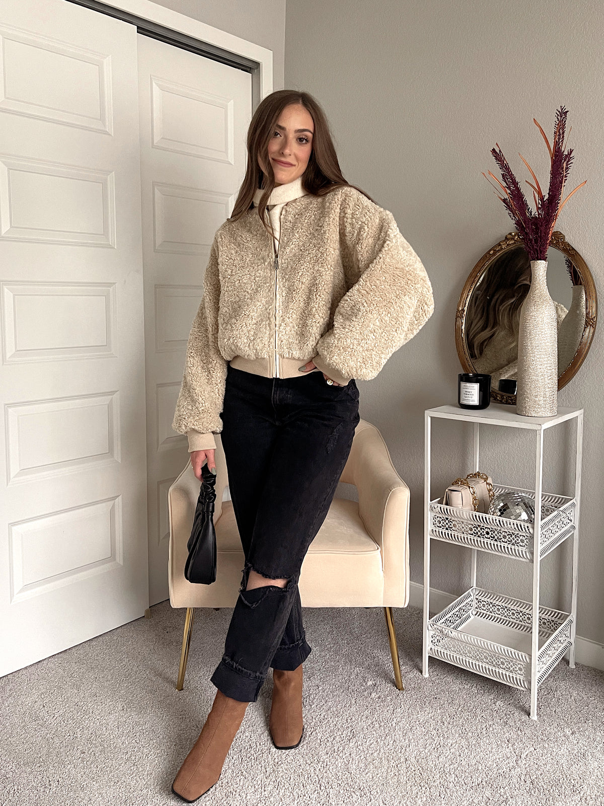 Goldie Faux Fur Bomber Jacket (Latte)