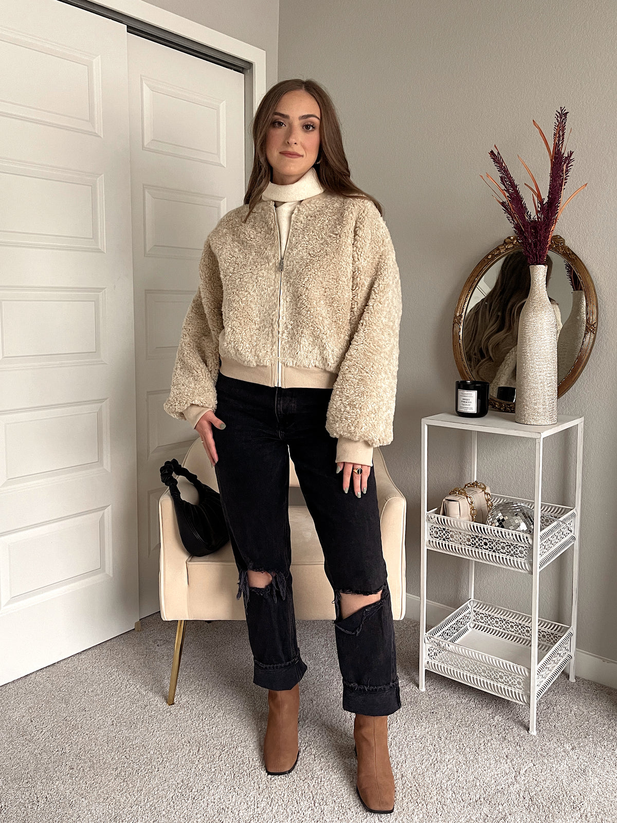 Goldie Faux Fur Bomber Jacket (Latte)