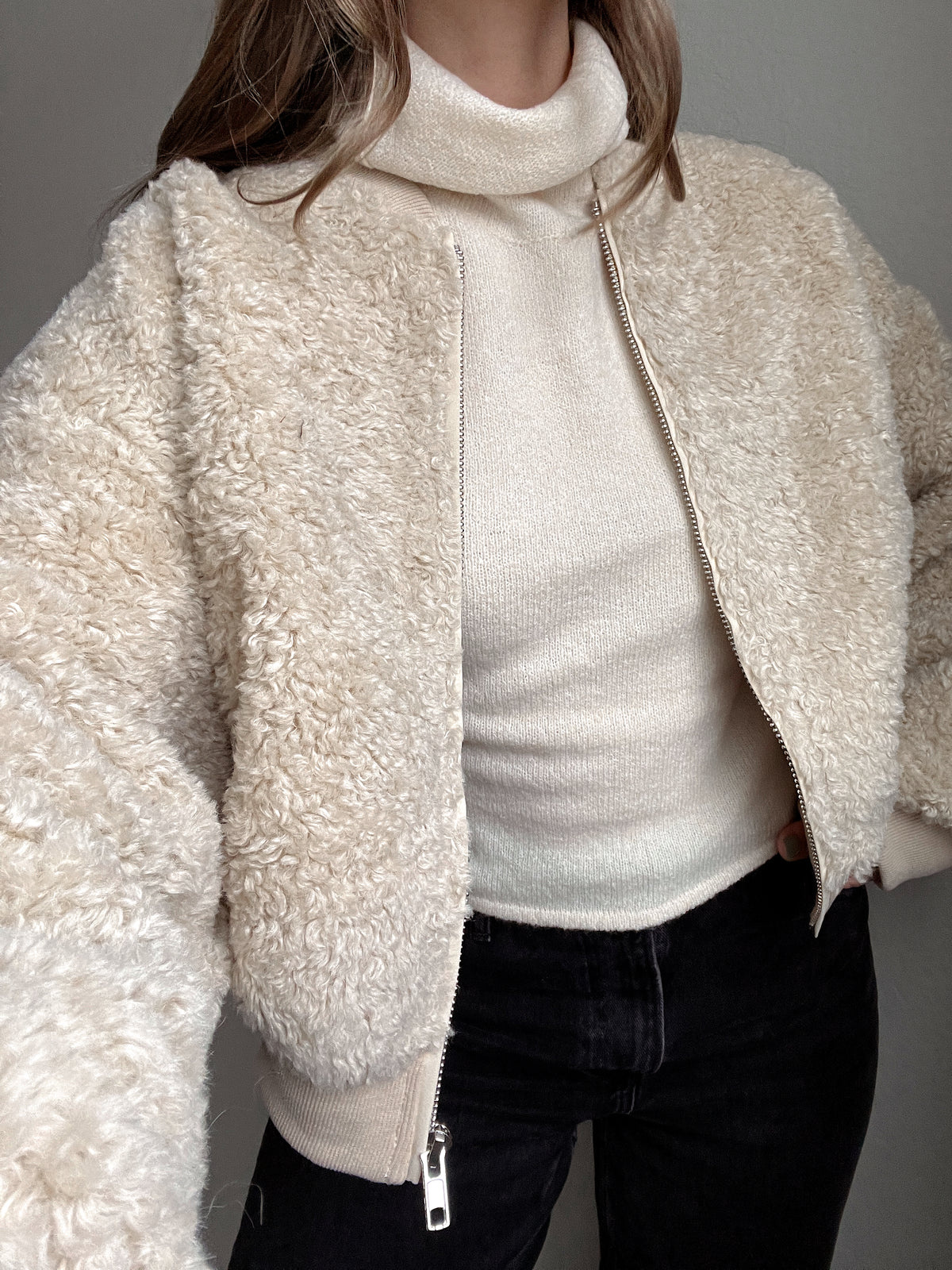 Goldie Faux Fur Bomber Jacket (Latte)