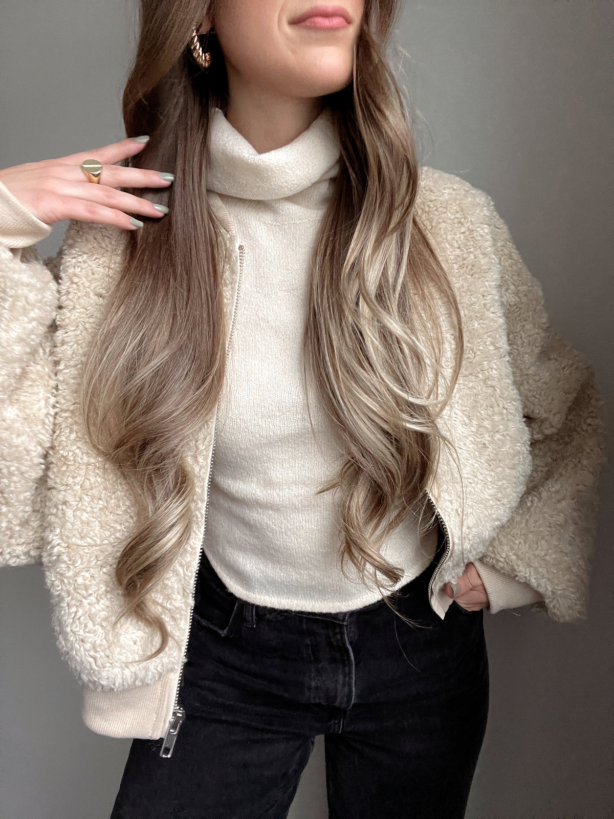 Goldie Faux Fur Bomber Jacket (Latte)