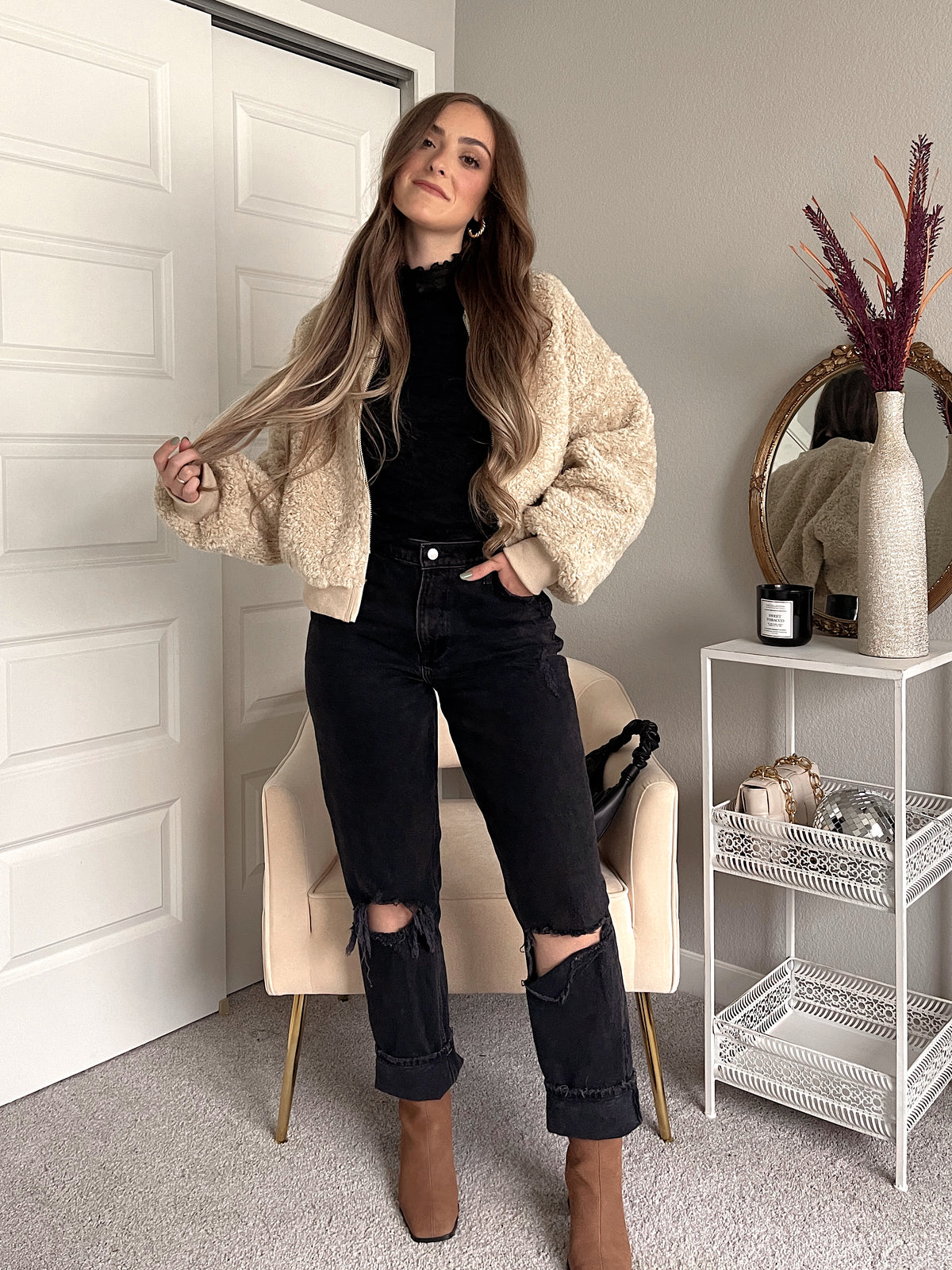 Goldie Faux Fur Bomber Jacket (Latte)