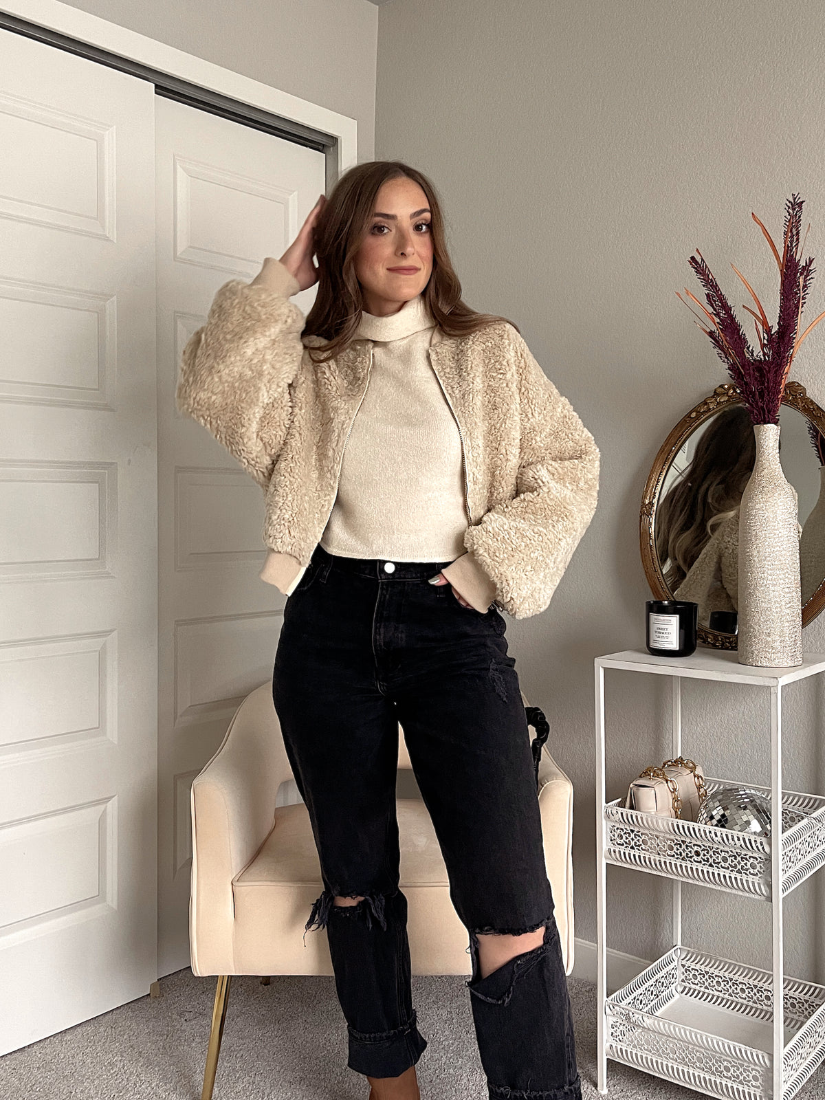 Goldie Faux Fur Bomber Jacket (Latte)