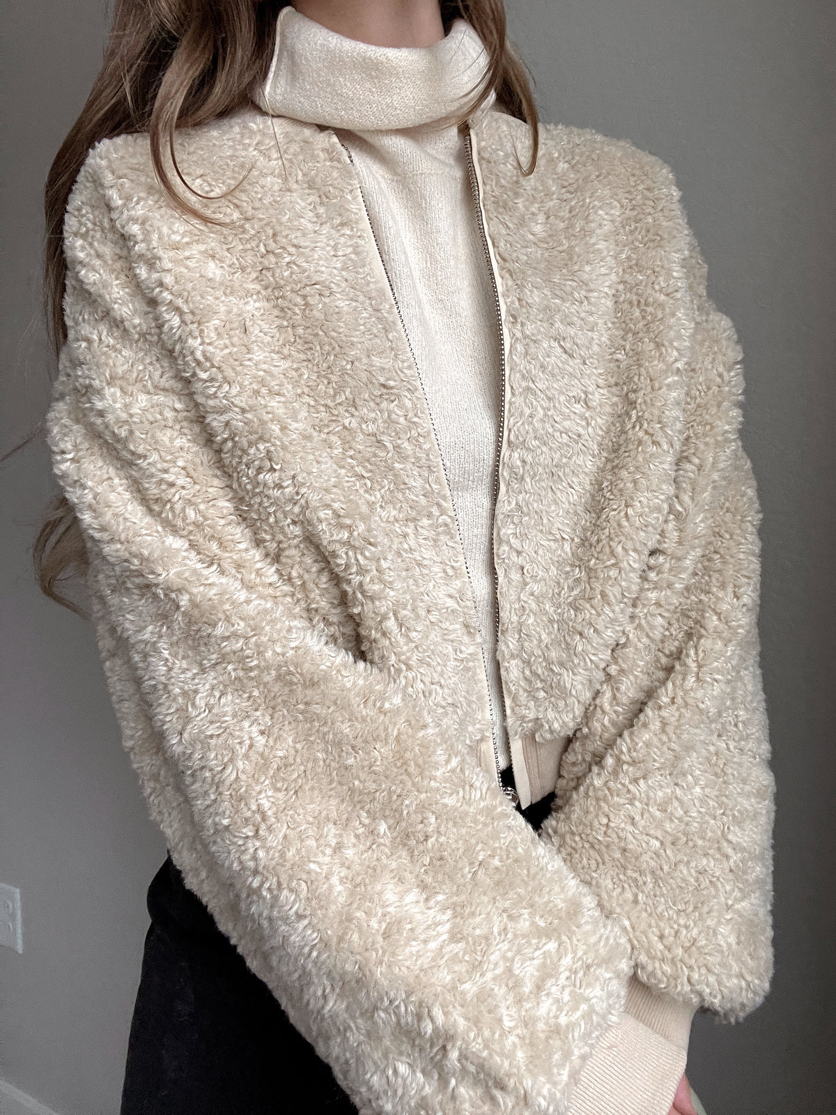 Goldie Faux Fur Bomber Jacket (Latte)