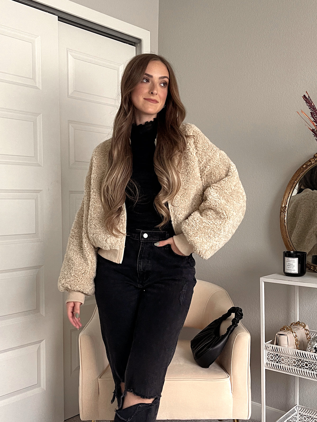 Goldie Faux Fur Bomber Jacket (Latte)