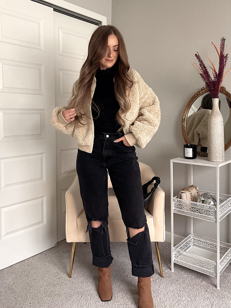 Goldie Faux Fur Bomber Jacket (Latte)