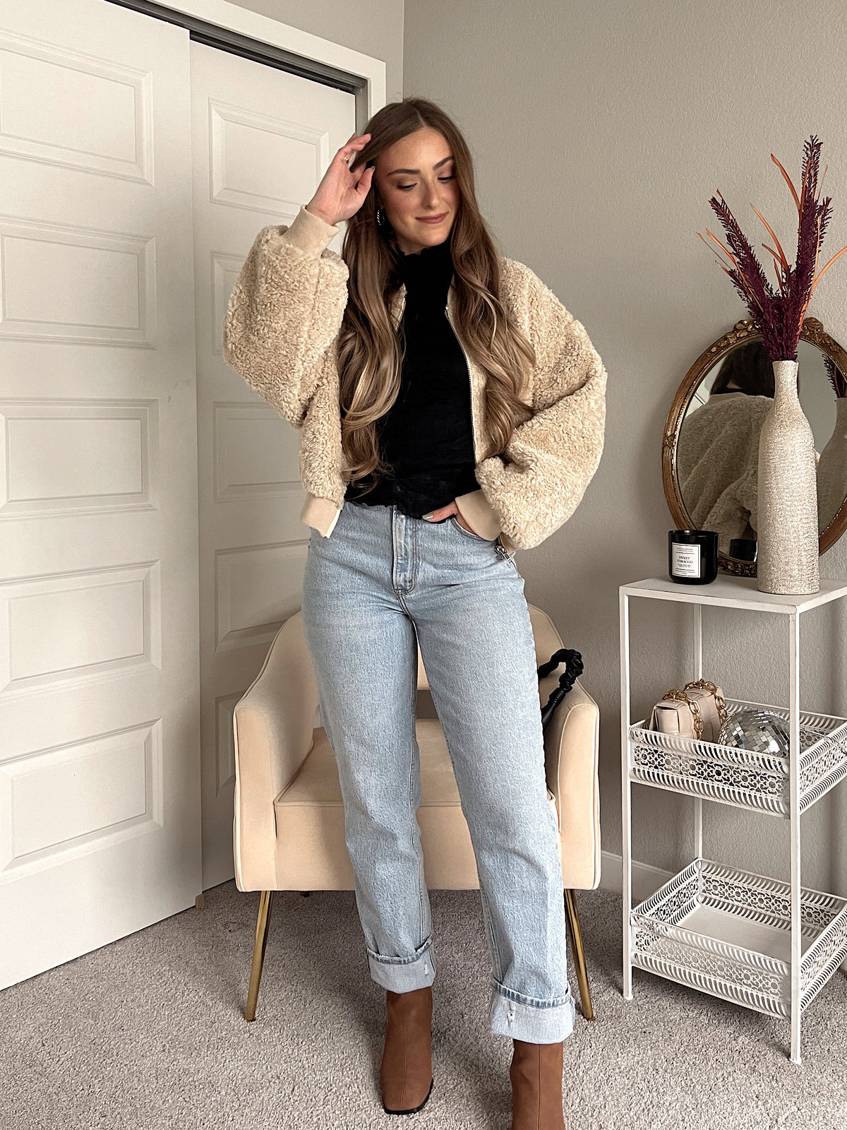 Goldie Faux Fur Bomber Jacket (Latte)