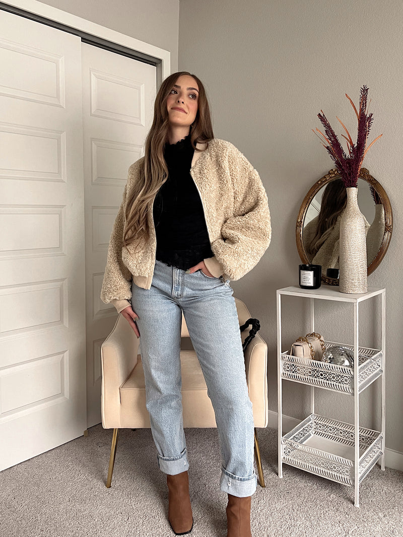 Goldie Faux Fur Bomber Jacket (Latte)