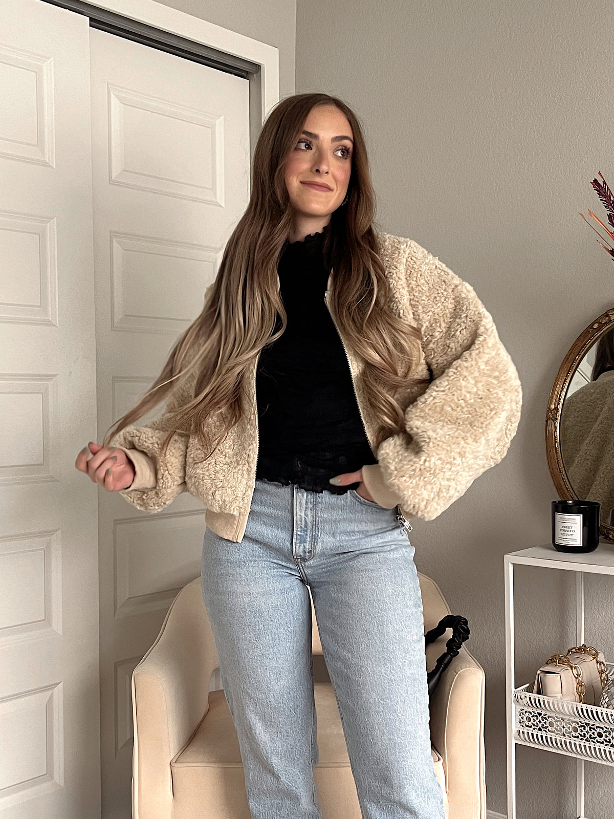 Goldie Faux Fur Bomber Jacket (Latte)