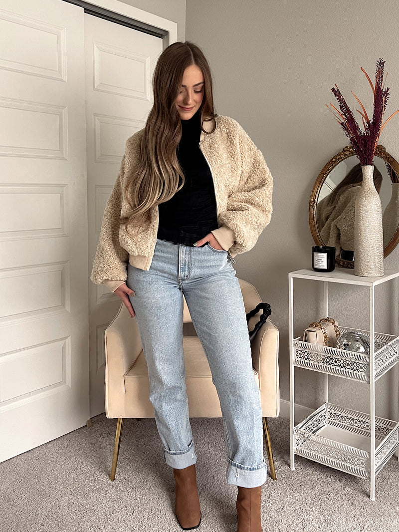 Goldie Faux Fur Bomber Jacket (Latte)