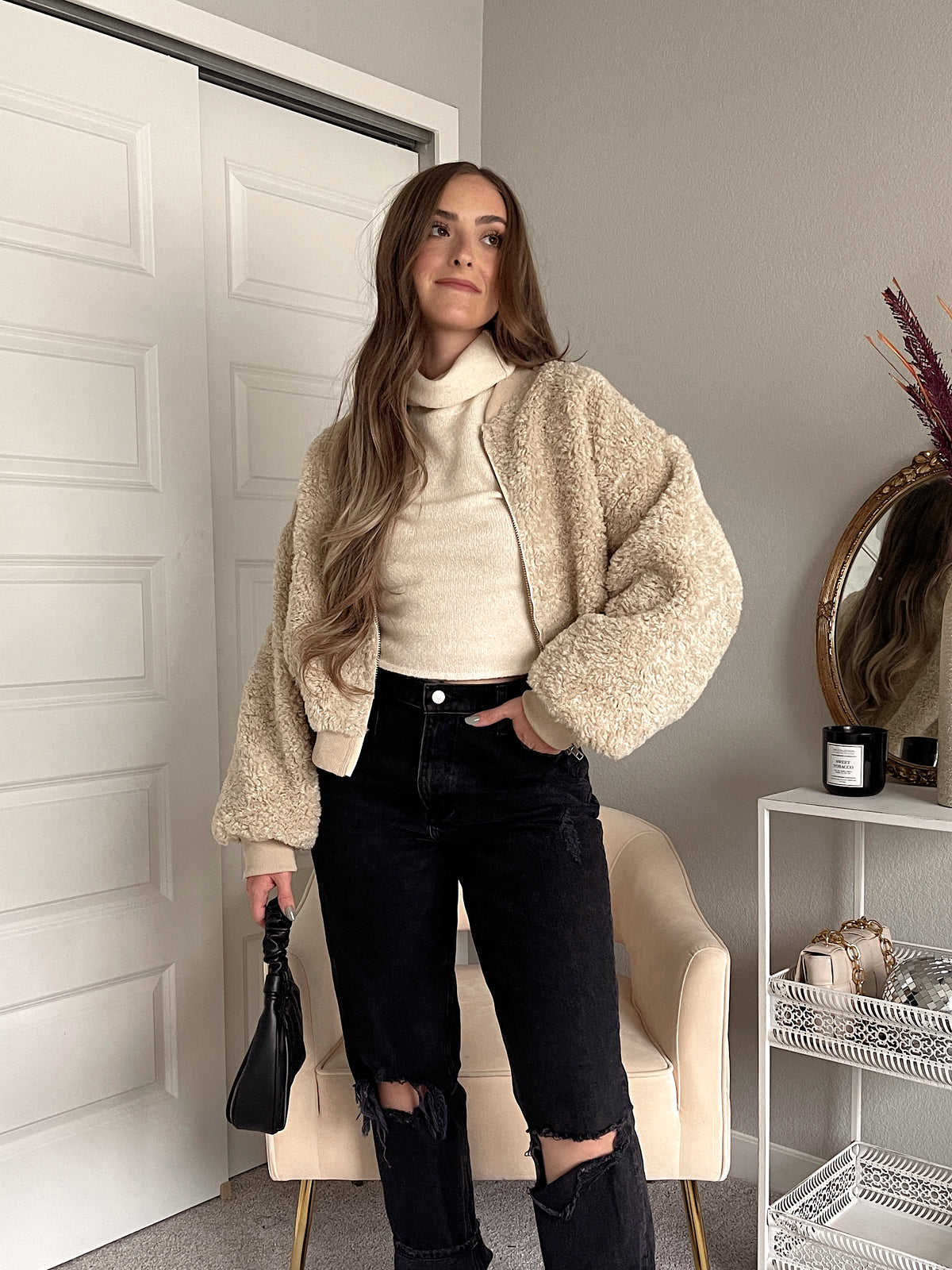 Goldie Faux Fur Bomber Jacket (Latte)