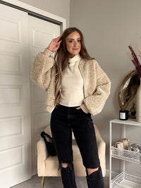 Goldie Faux Fur Bomber Jacket (Latte)