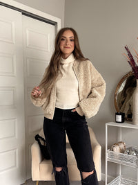 Goldie Faux Fur Bomber Jacket (Latte)