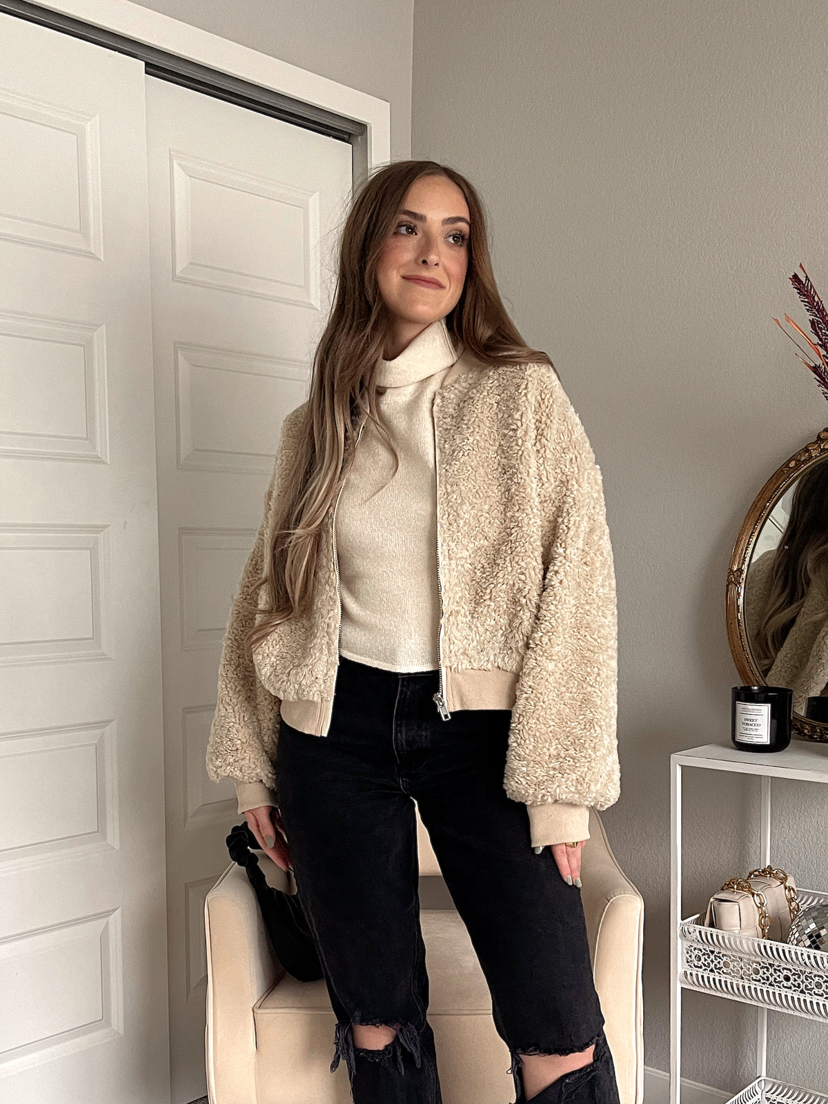 Goldie Faux Fur Bomber Jacket (Latte)