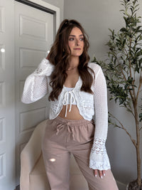 Gracie Crochet Tie-Front Crop Cardigan (White)
