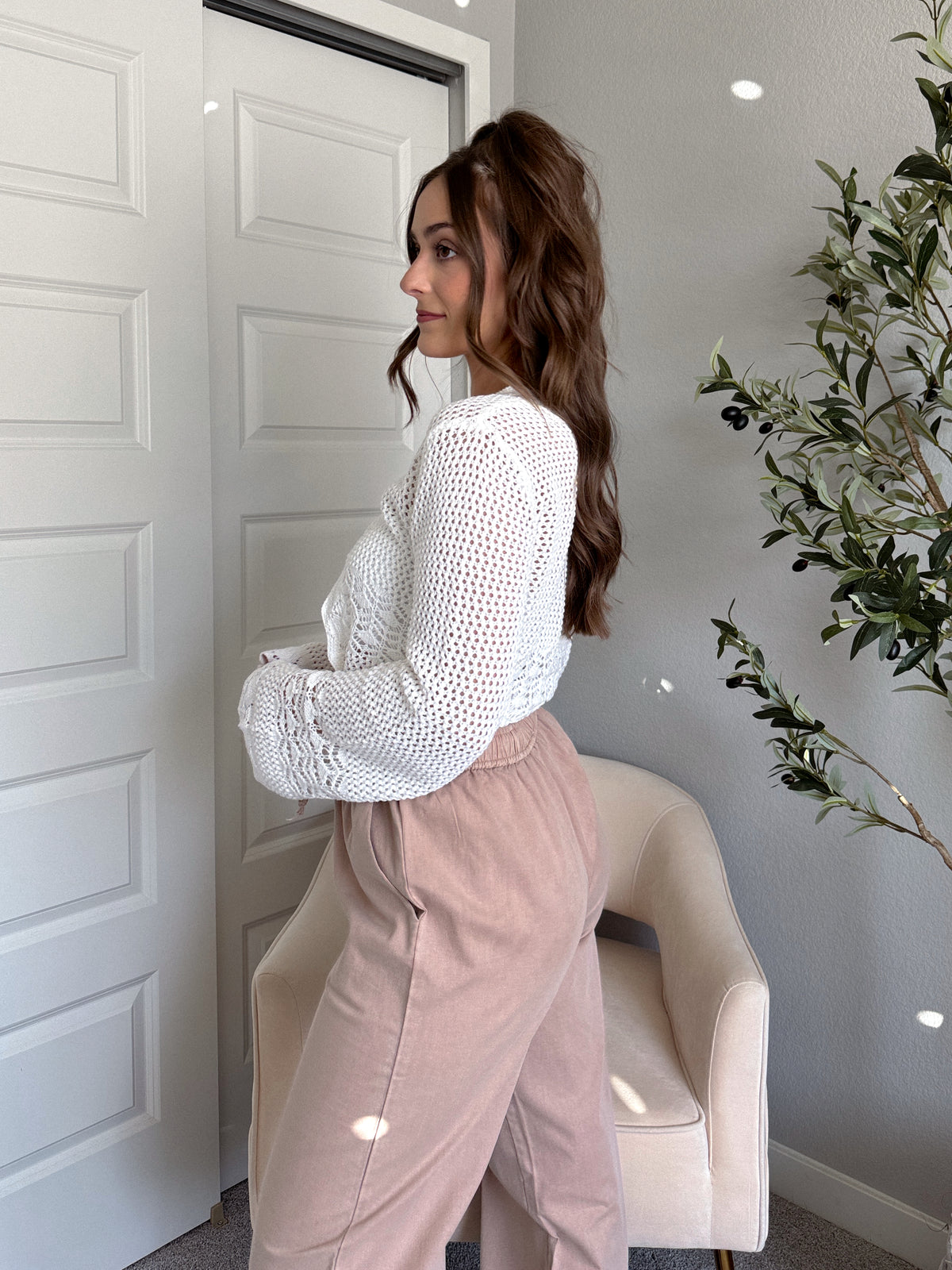 Gracie Crochet Tie-Front Crop Cardigan (White)