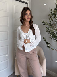 Gracie Crochet Tie-Front Crop Cardigan (White)