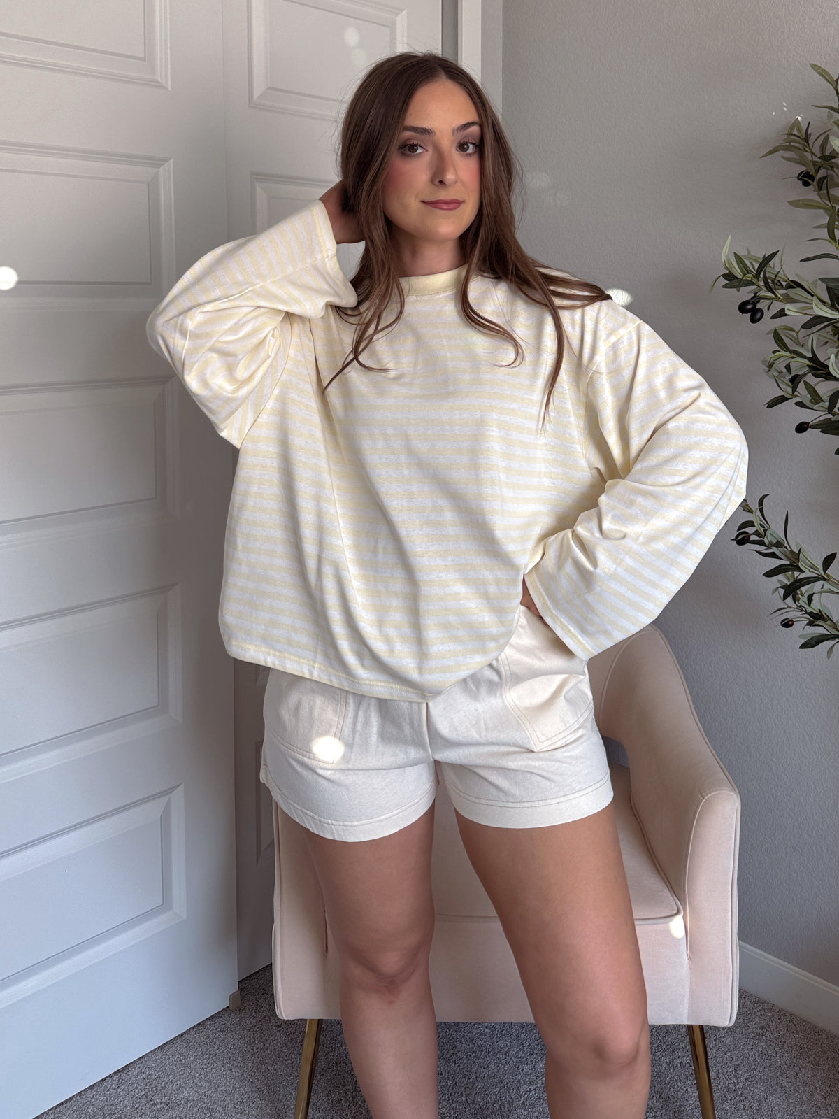 Hallie Oversized Striped Long Sleeve Tee (Butter Yellow/White)