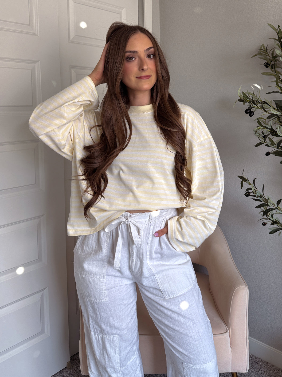 Hallie Oversized Striped Long Sleeve Tee (Butter Yellow/White)